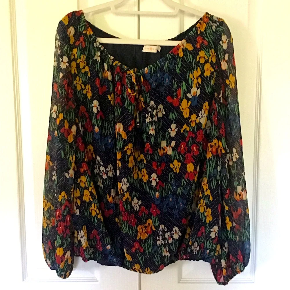 Tory Burch navy polka dot floral blouse L